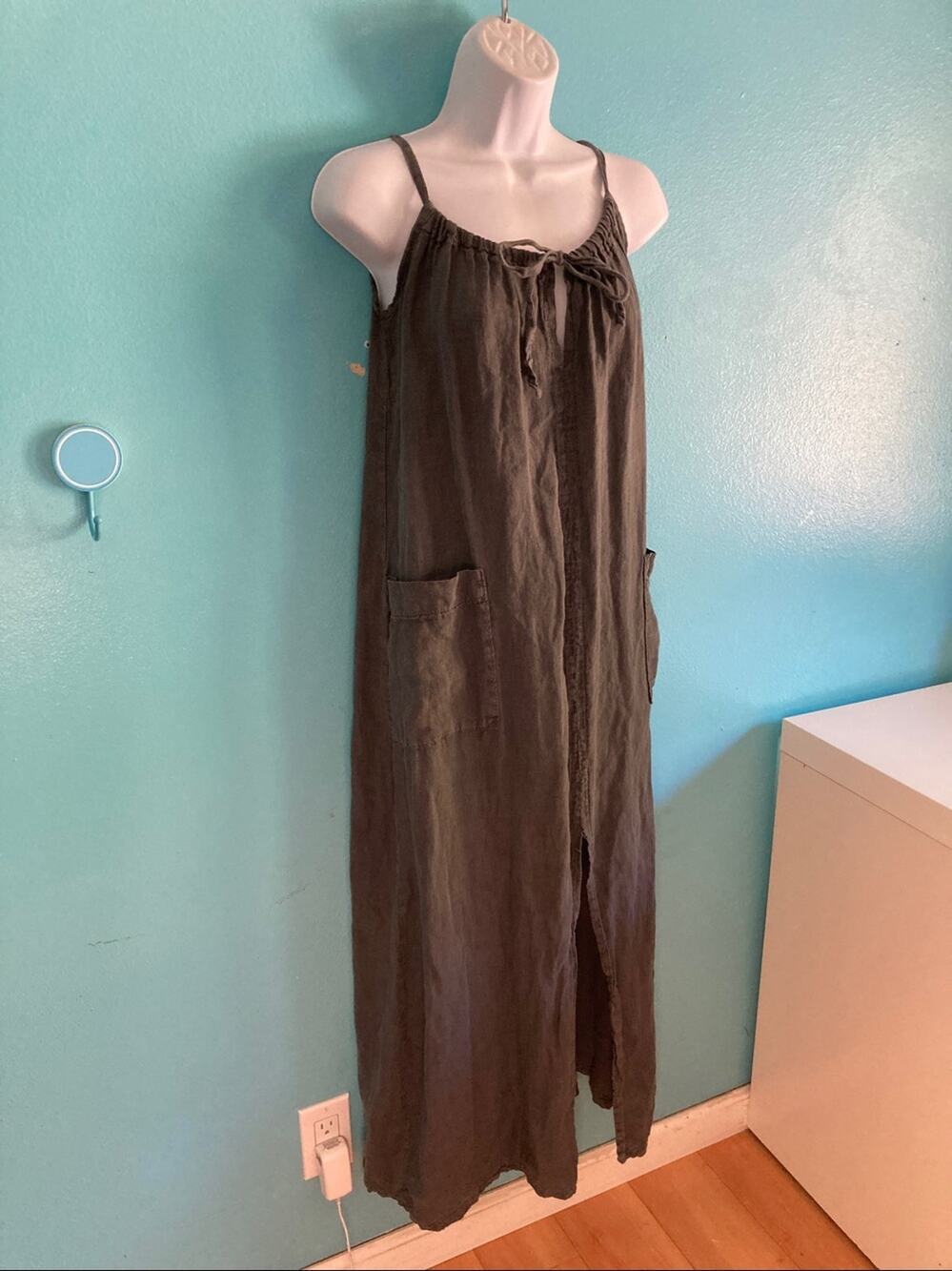 Meo Meli Womens Size L Gray Washed Linen Midi Length Dress Adjustable Straps